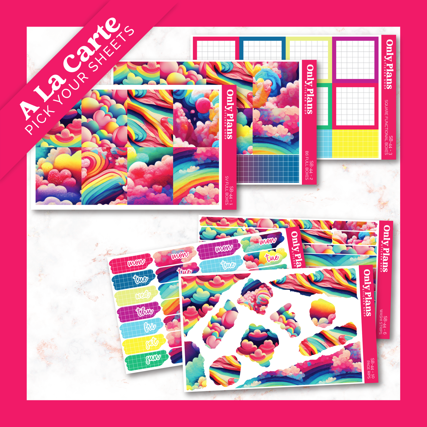 a variety of colorful stickers on a pink background