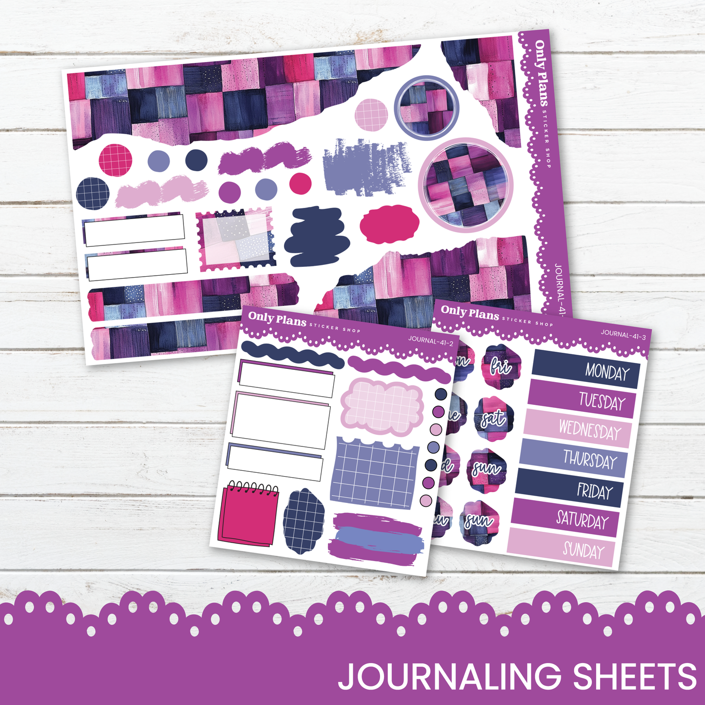 two sets of purple and pink patterned stickers and a purple and white patterned sticker sheet, all related to journaling and planning.