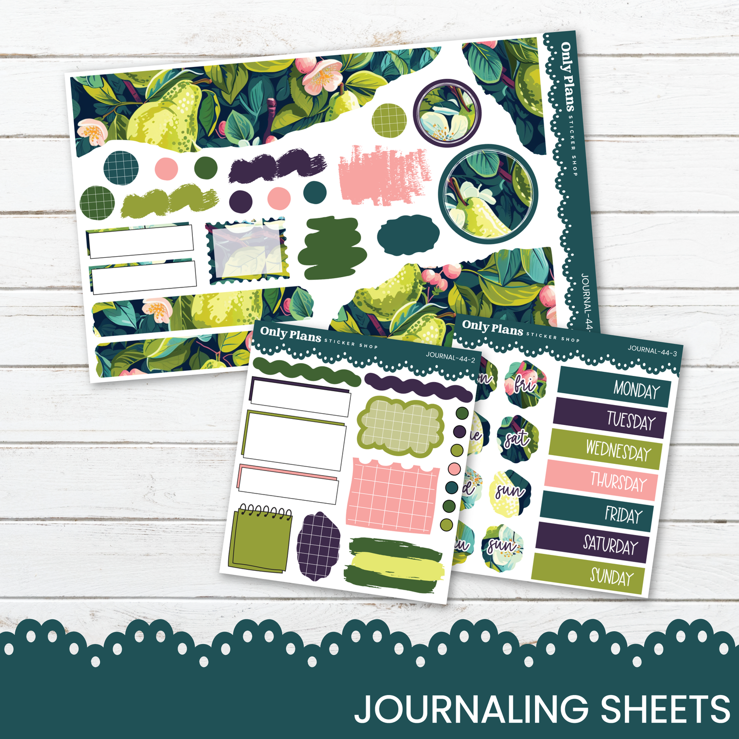 two sets of colorful and patterned journaling sheets, featuring various shapes, designs, and illustrations.