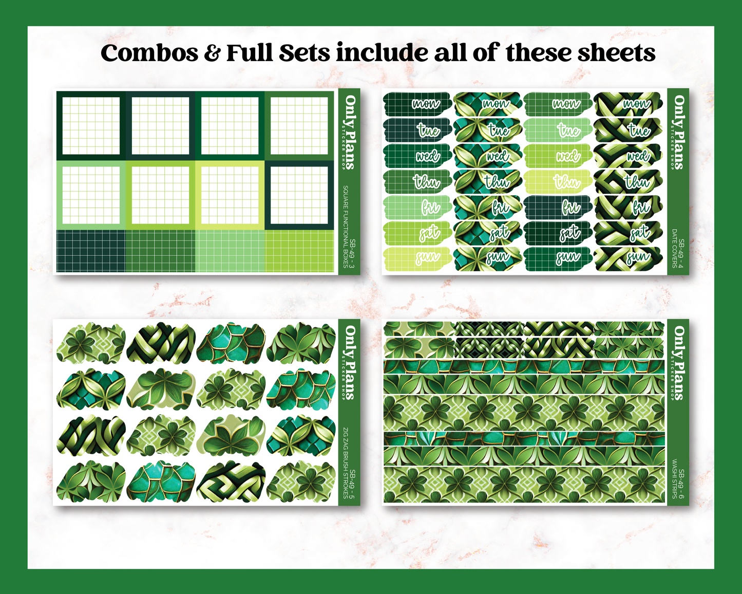 a set of four green and white stickers