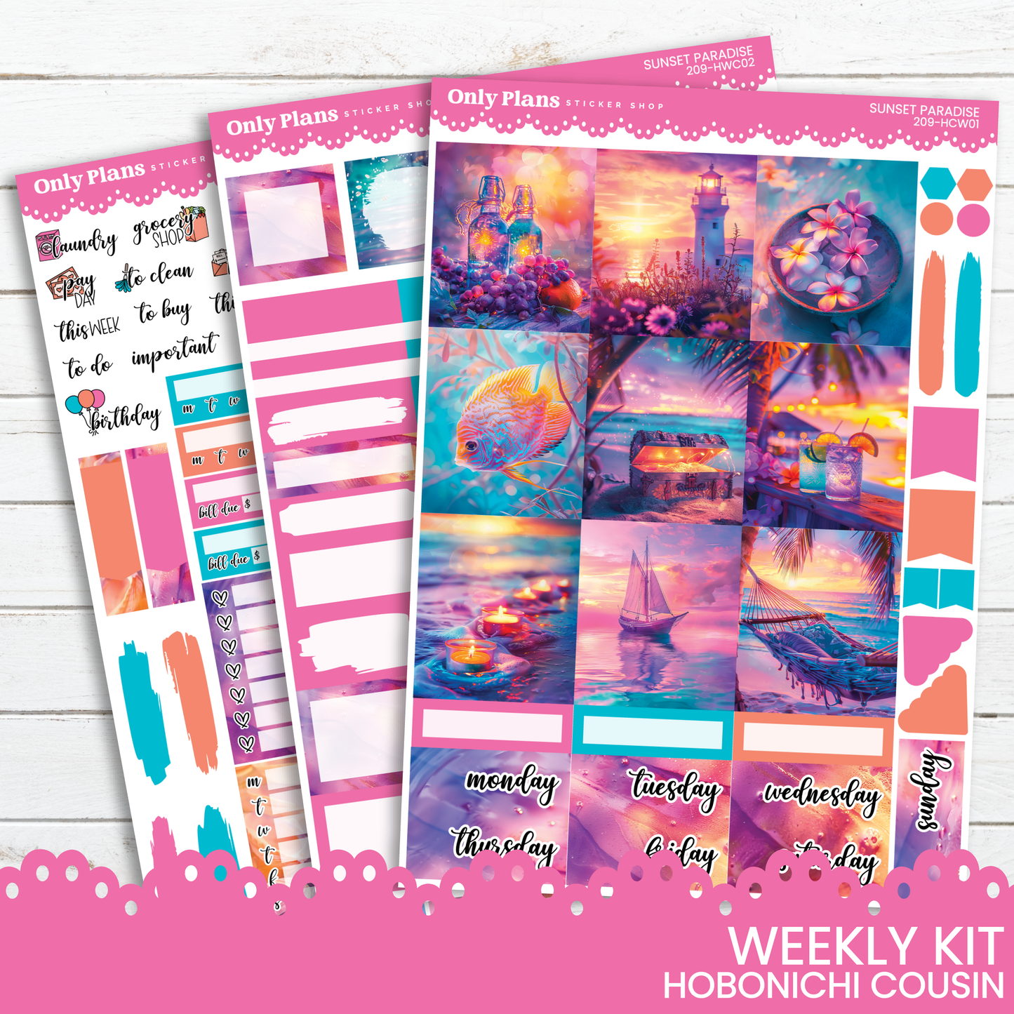 the hobonichi coun planner stickers are shown with a pink background