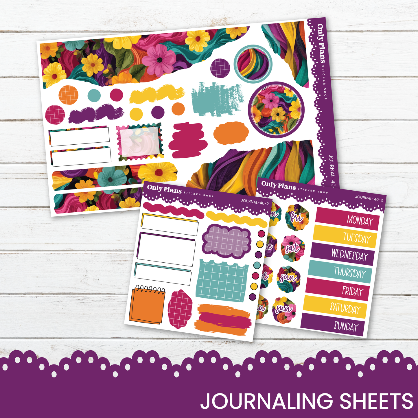 a collection of colorful and vibrant journaling sheets, including various decorative elements such as flowers, shapes, and patterns.