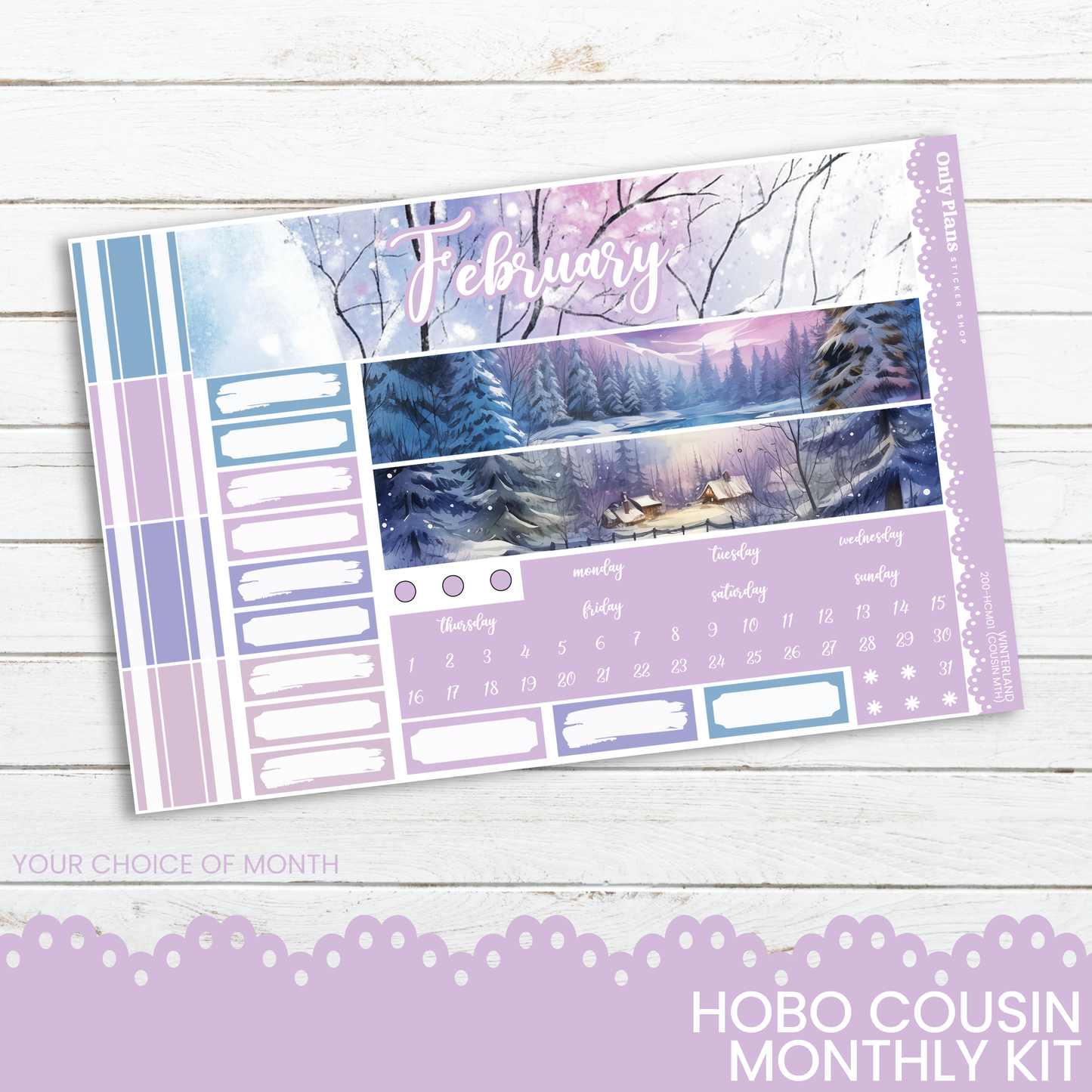 a purple and white calendar with a picture of a forest
