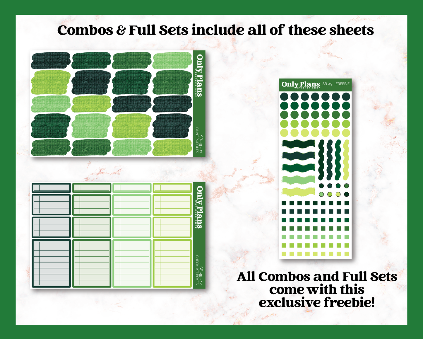 a set of three green and white stickers