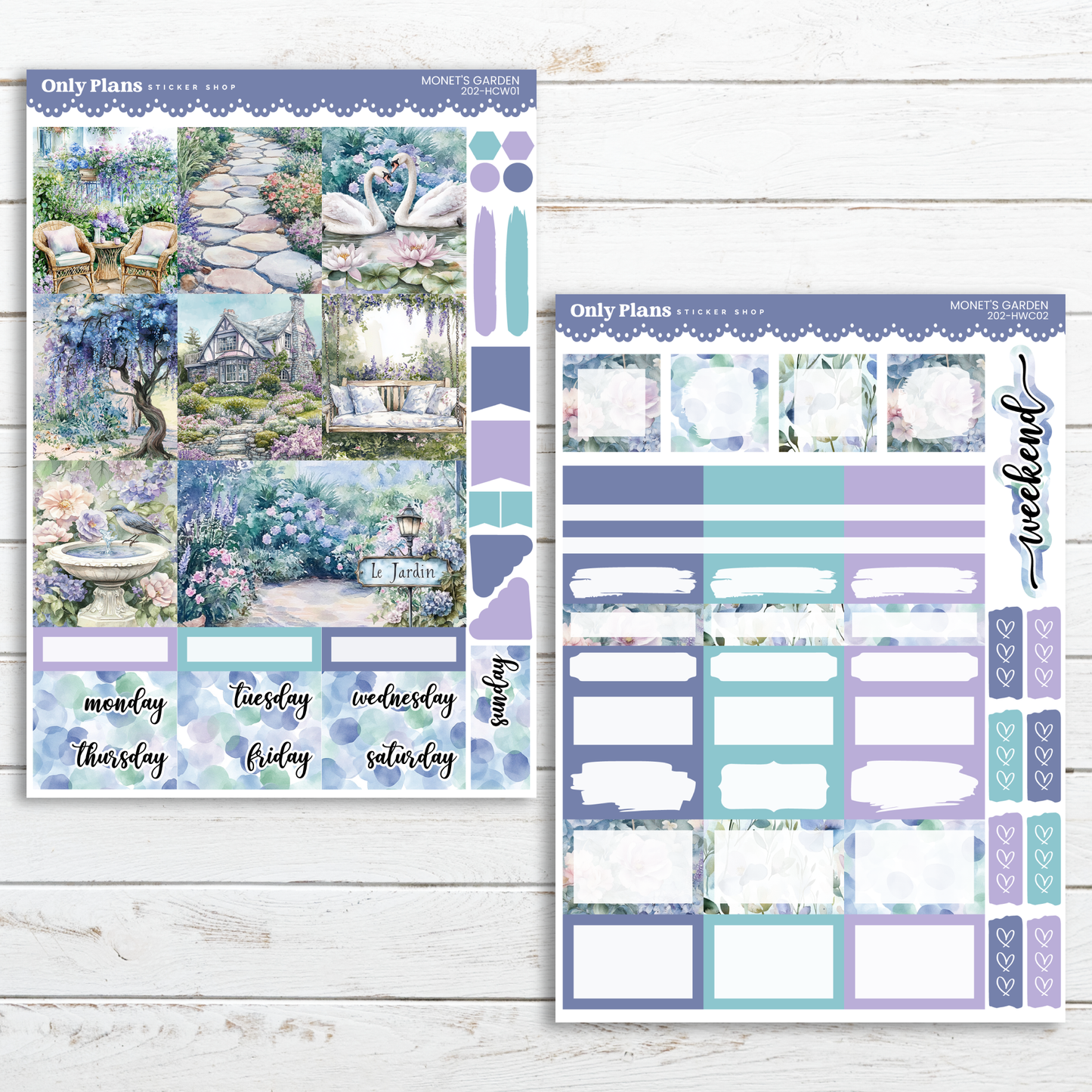 a blue and purple planner sticker with a picture of a garden