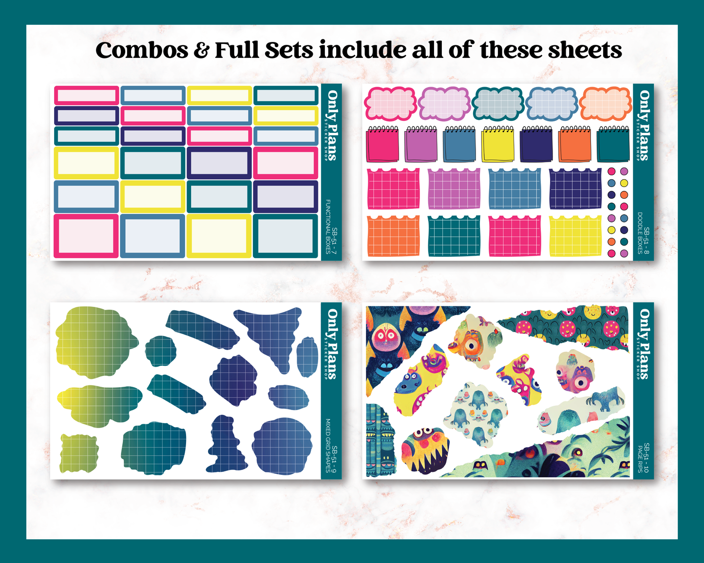 a set of three colorful stickers of different shapes and sizes