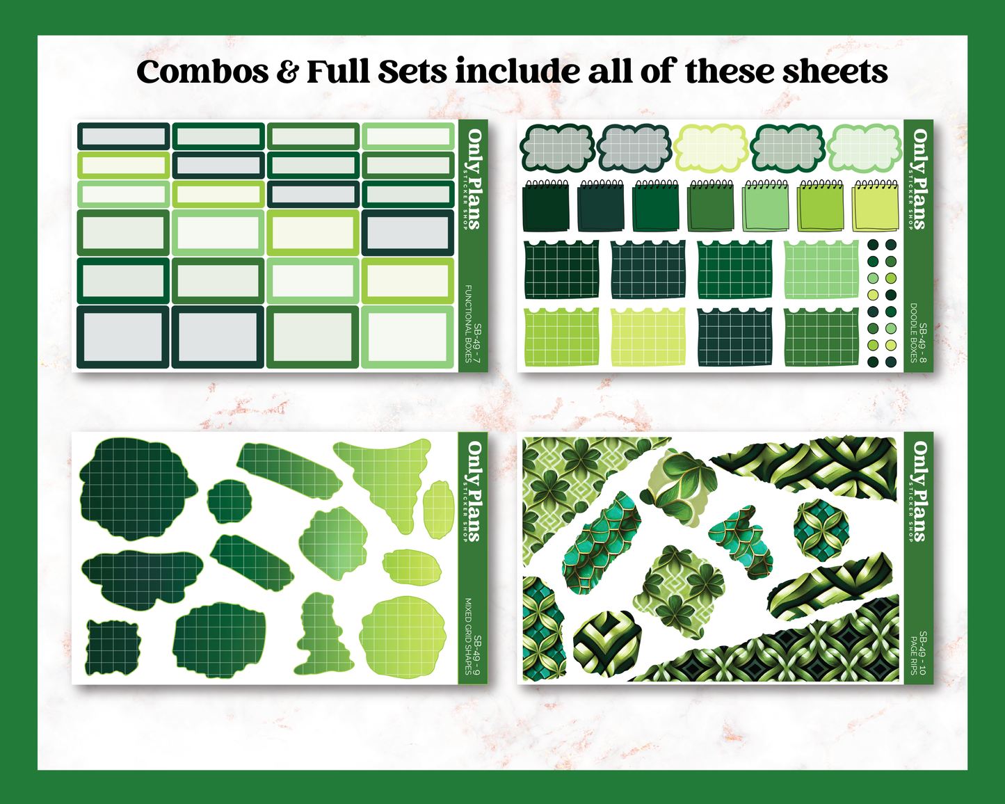 a set of green and white stickers