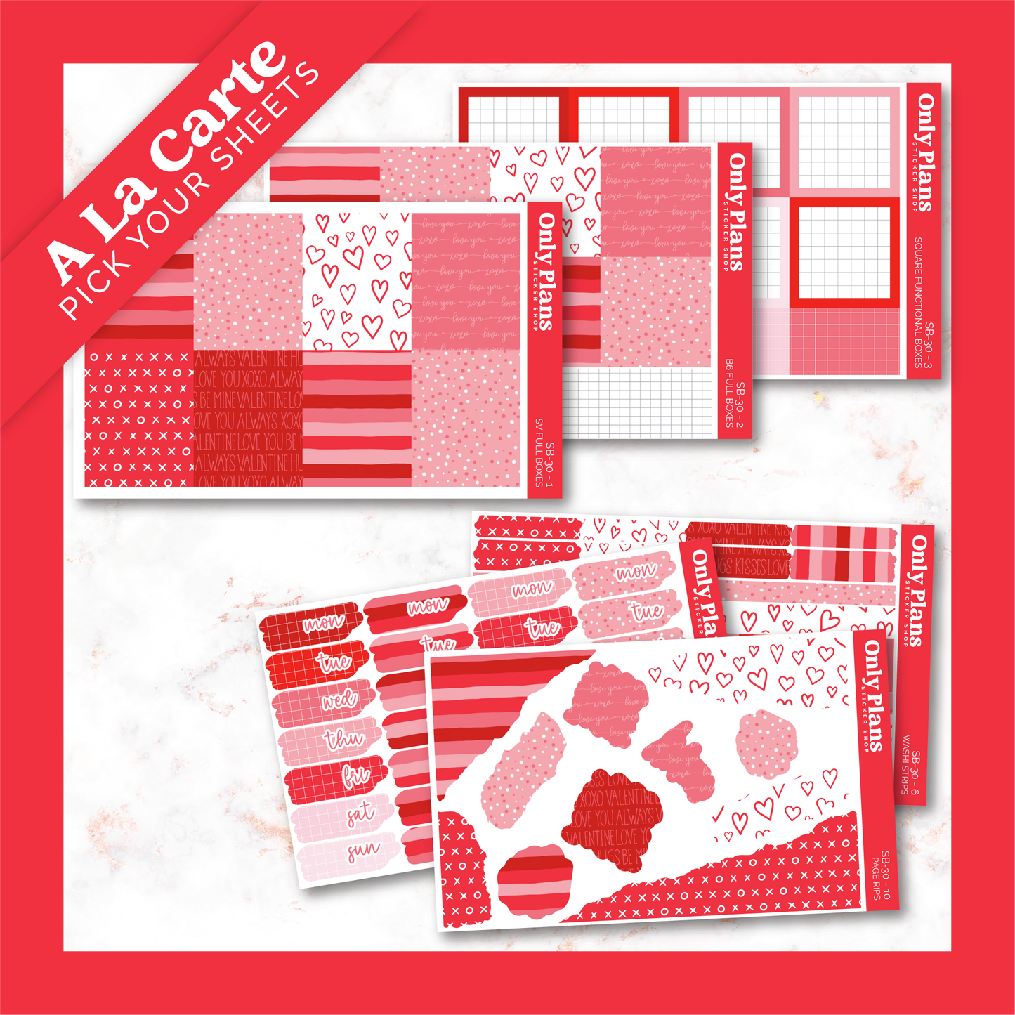a set of red and white stickers with hearts