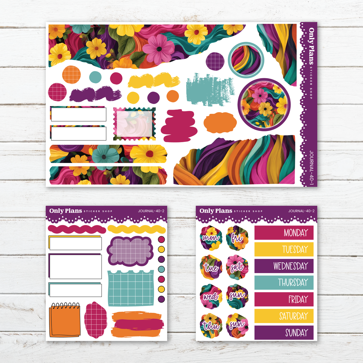 a collection of colorful and vibrant stickers, decals, and illustrations, including floral designs, geometric shapes, and abstract patterns. The stickers appear to be part of a sticker kit or collection, as they are arranged in a way that suggests they are intended for use in a journal or other creative projects.