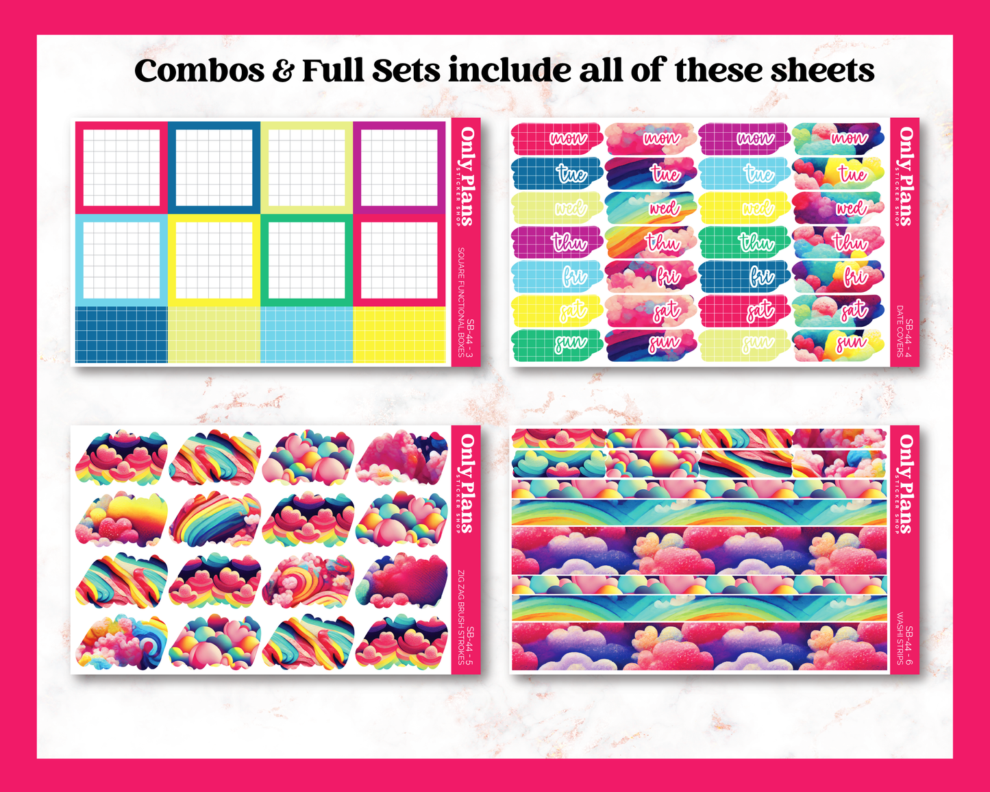 a set of three colorful stickers with clouds and rainbows