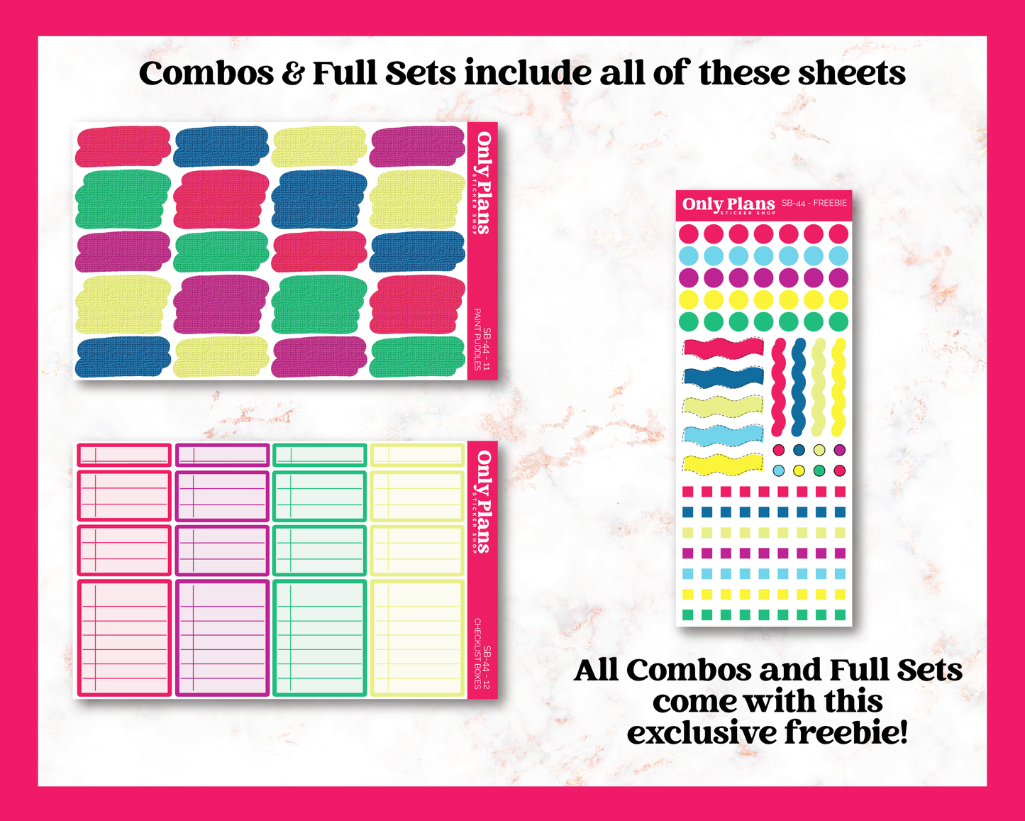 a set of three stickers with different colors and shapes