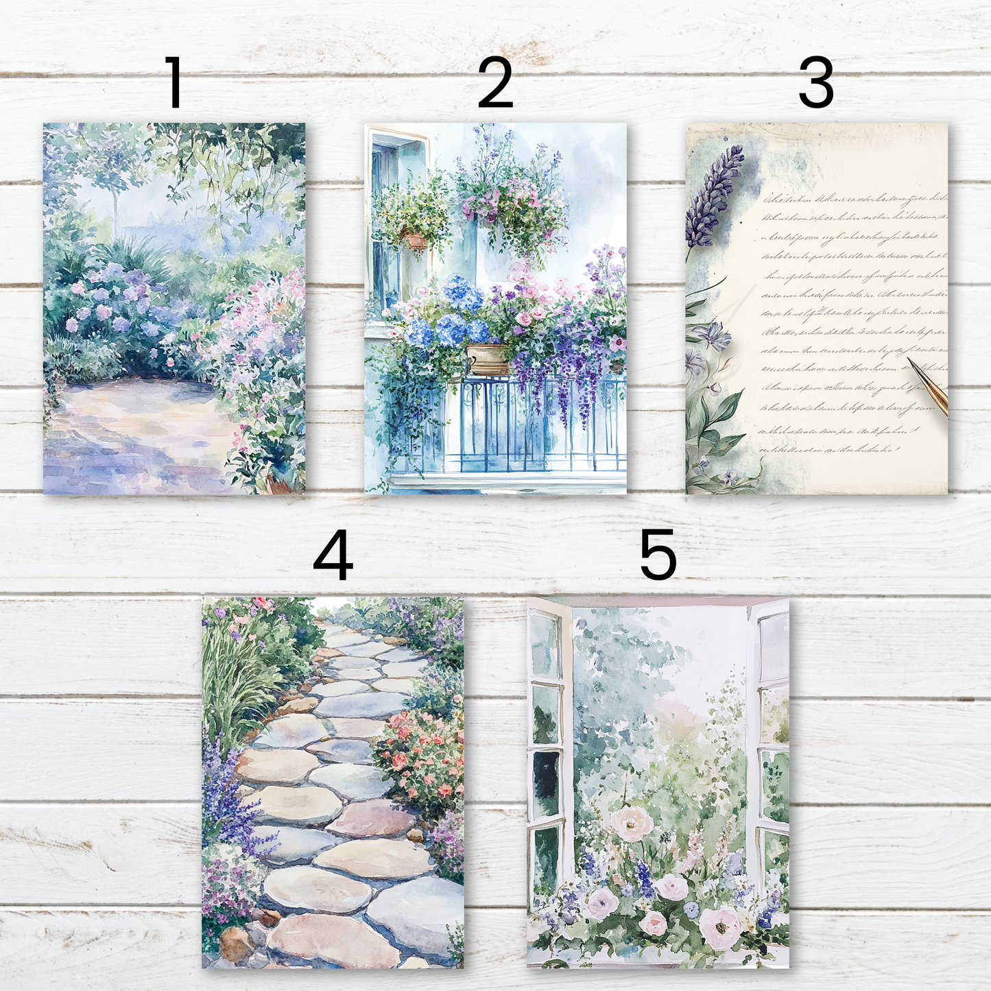 a set of four greeting cards with a garden scene
