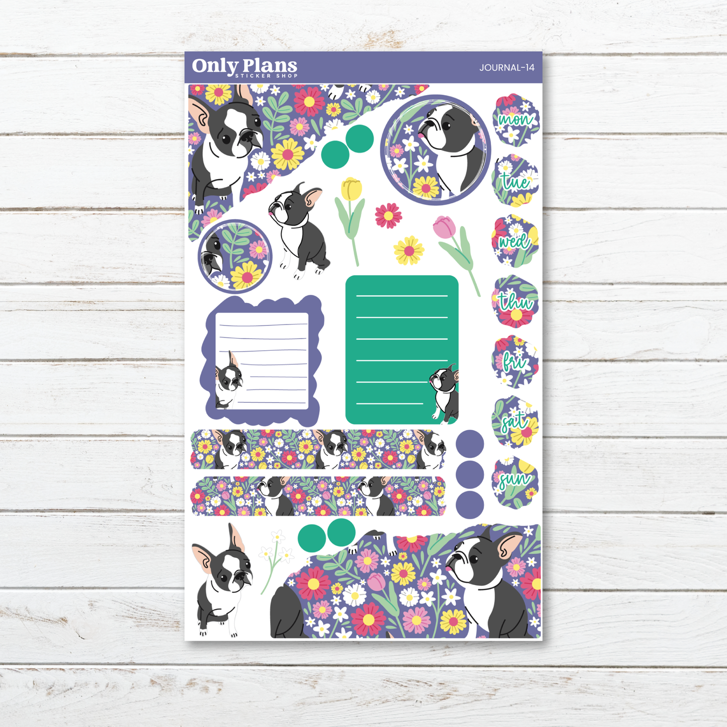 a paper with a dog and flowers on it