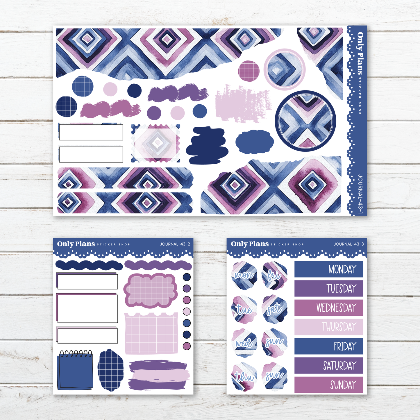 three different elements related to a "Only Plans" sticker shop, including a pattern, a sticker, and a sticker with a calendar.
