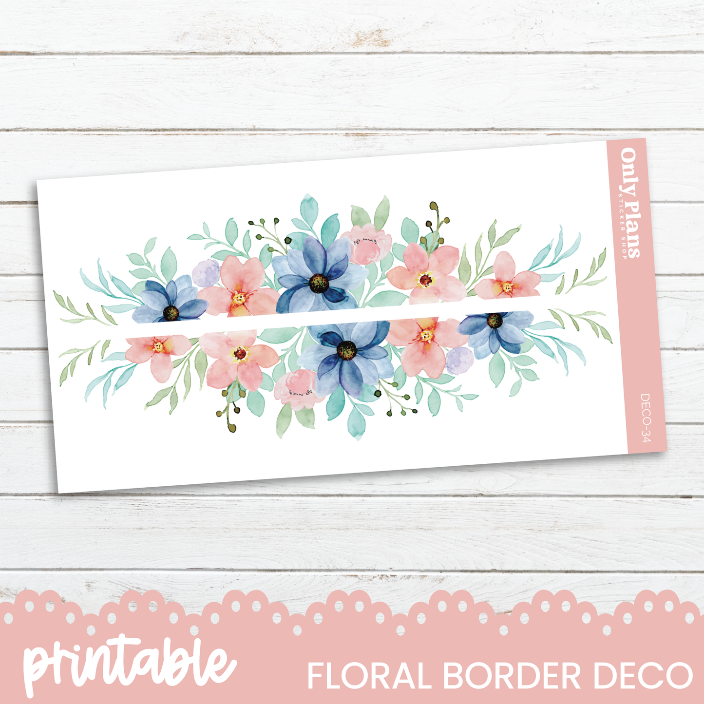 a floral border with pink and blue flowers