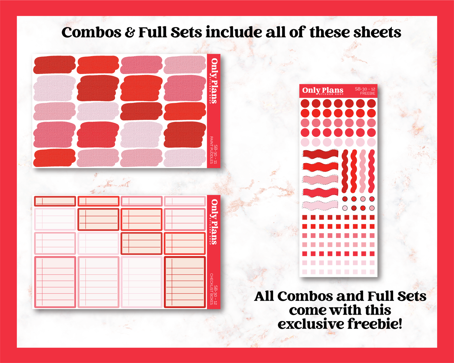 a set of three red and white stickers
