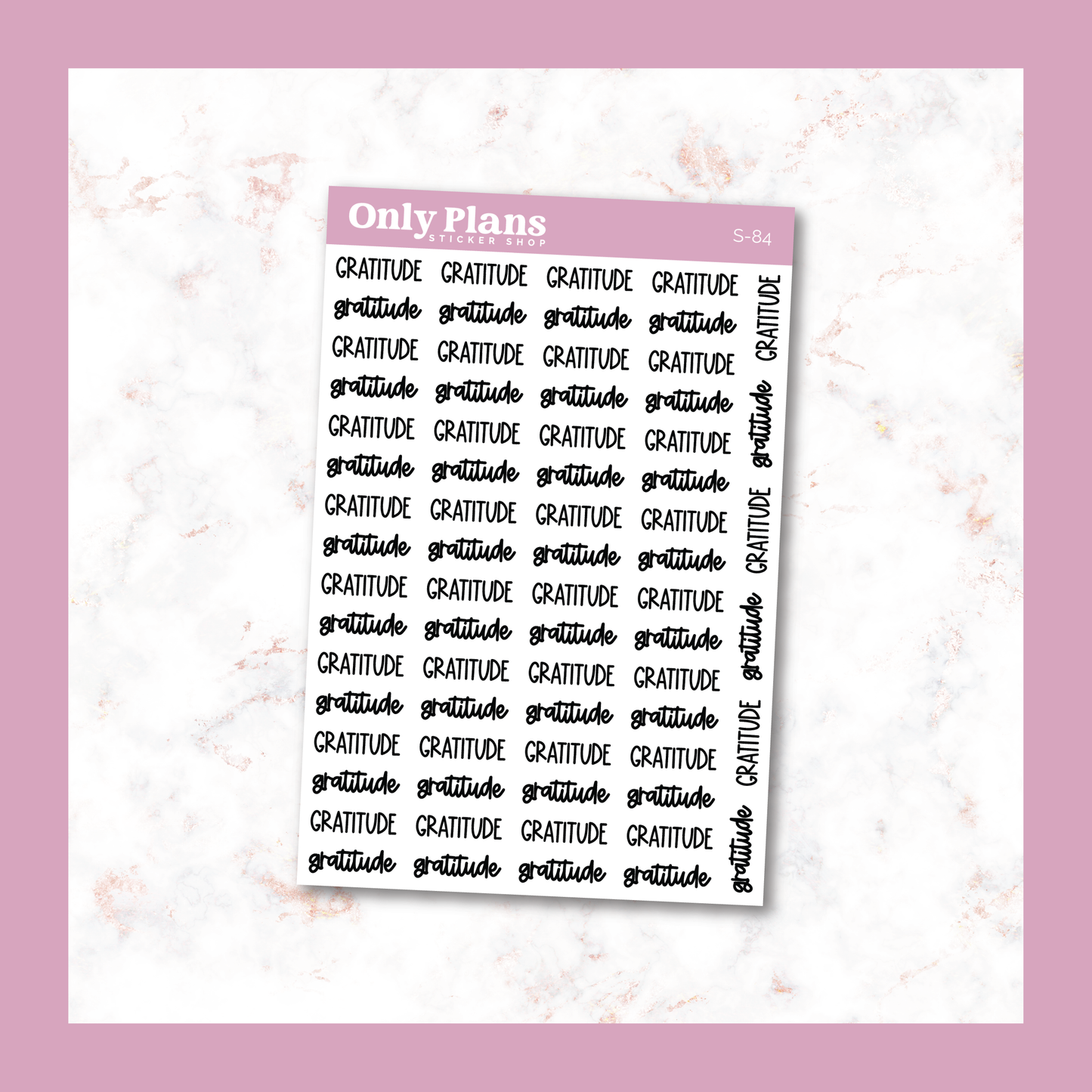a pink and white sticker with words on it