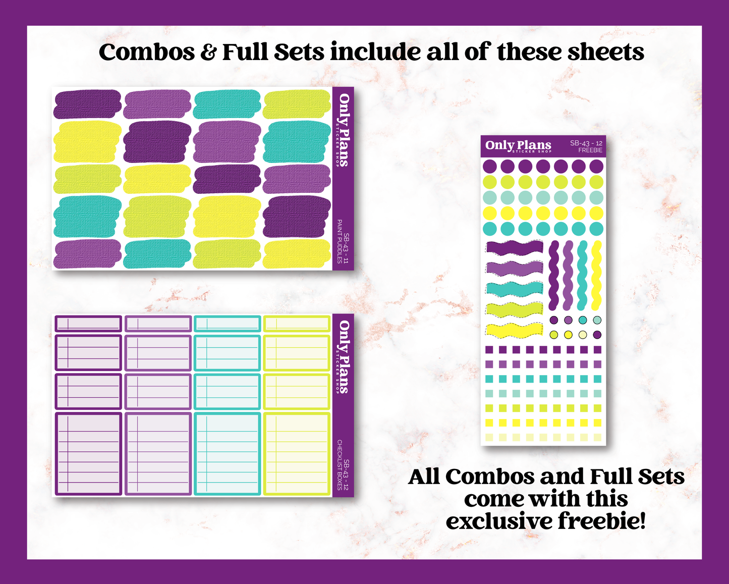 a set of three stickers with different colors and shapes