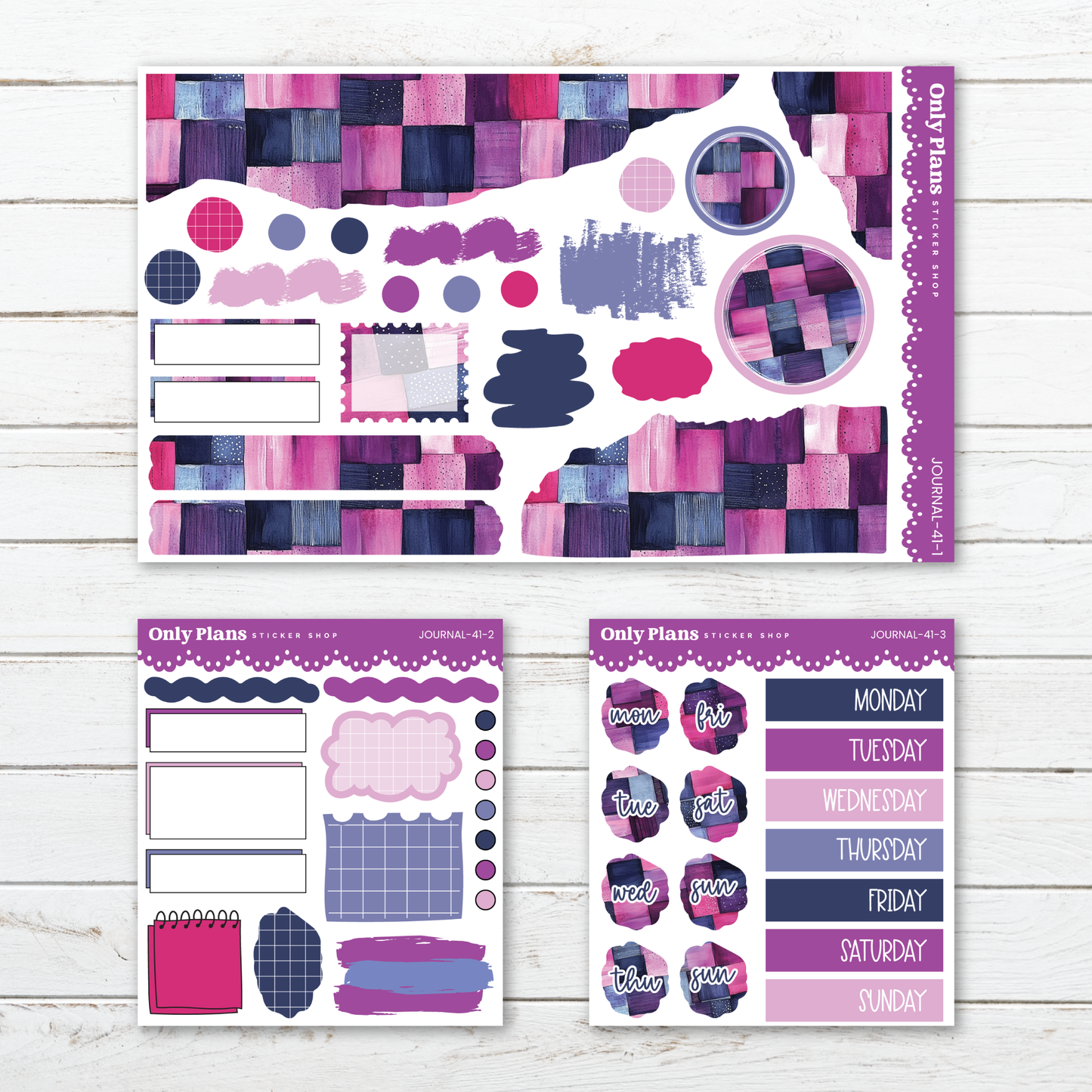 three different items: a sticker sheet, a sticker book, and a sticker set. The sticker sheet has various shapes and patterns in shades of purple and pink, while the sticker book has a collection of stickers in different colors and designs. The sticker set includes a variety of stickers with different shapes, patterns, and colors.