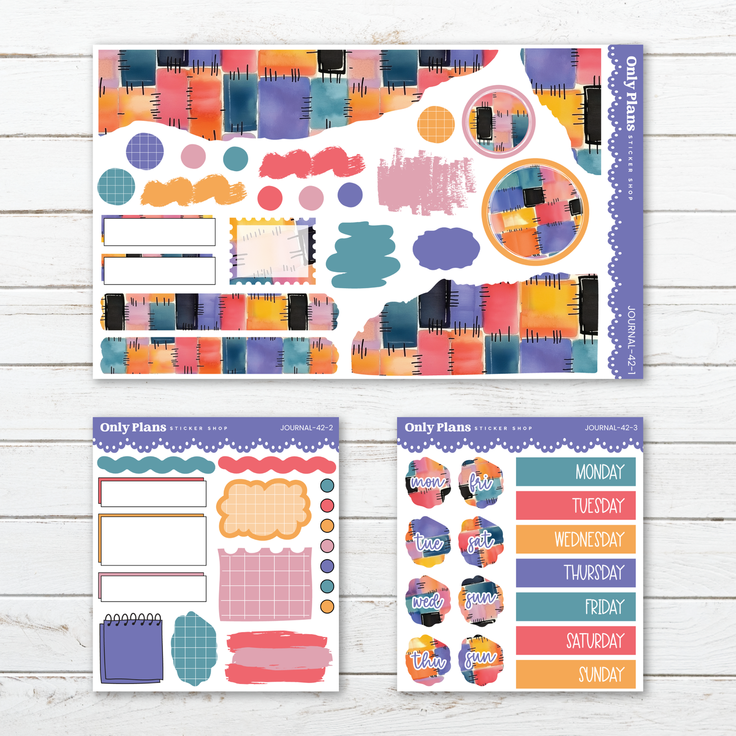 three different sets of colorful and patterned stickers and labels, likely used for organizing and planning purposes.