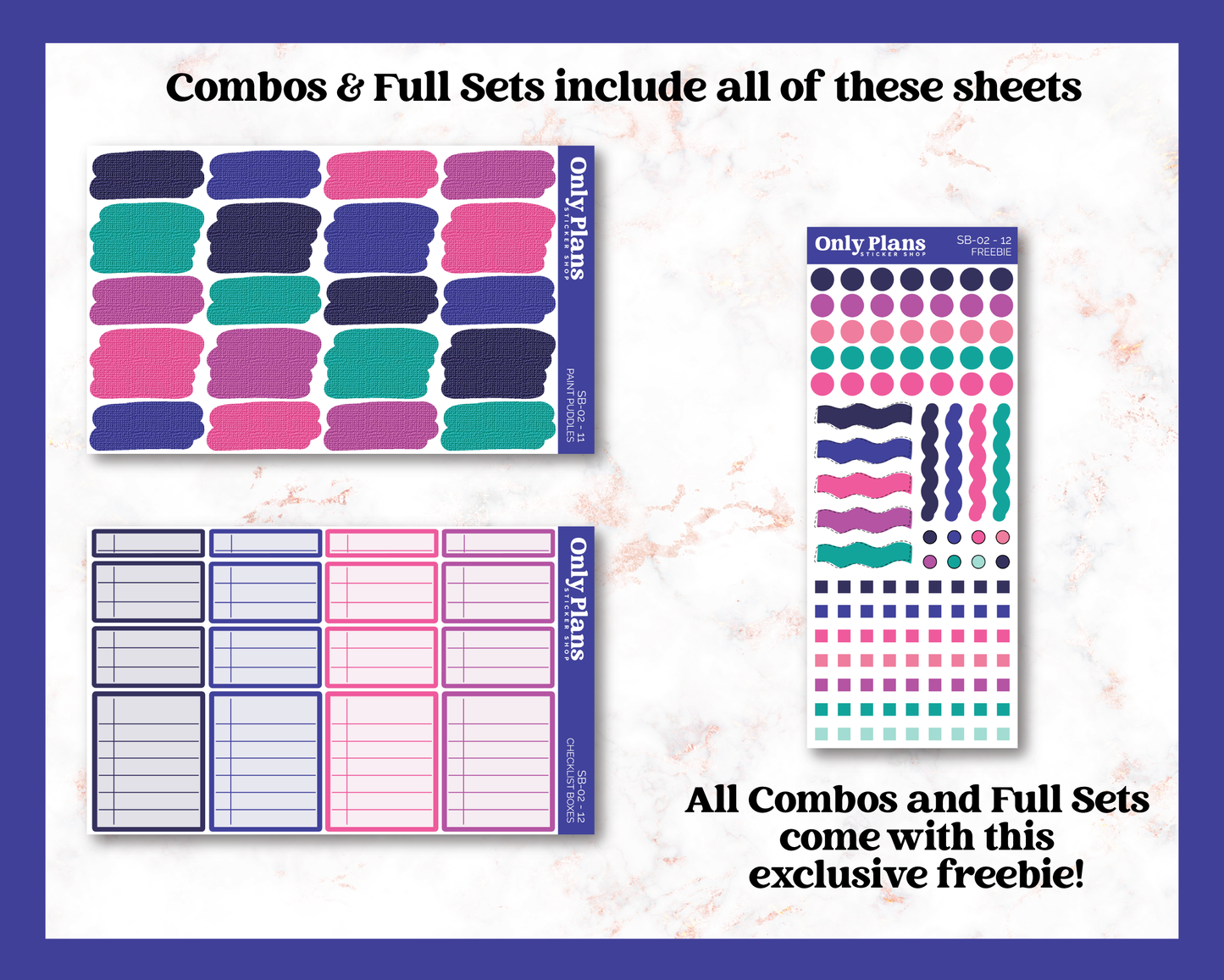 a set of three stickers with different colors and shapes