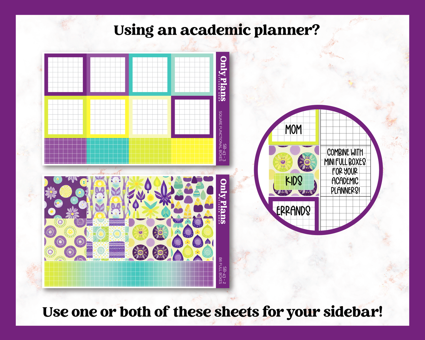 a purple and yellow planner with the words, use one or both of these sheets