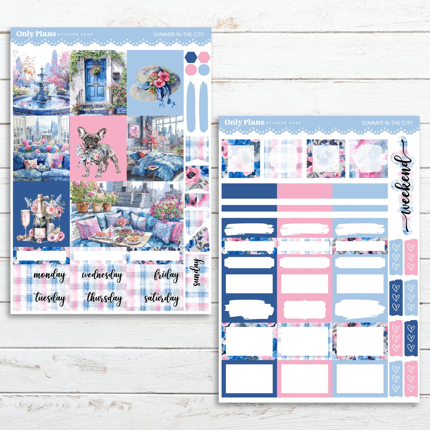 two planner pages with a pink and blue theme
