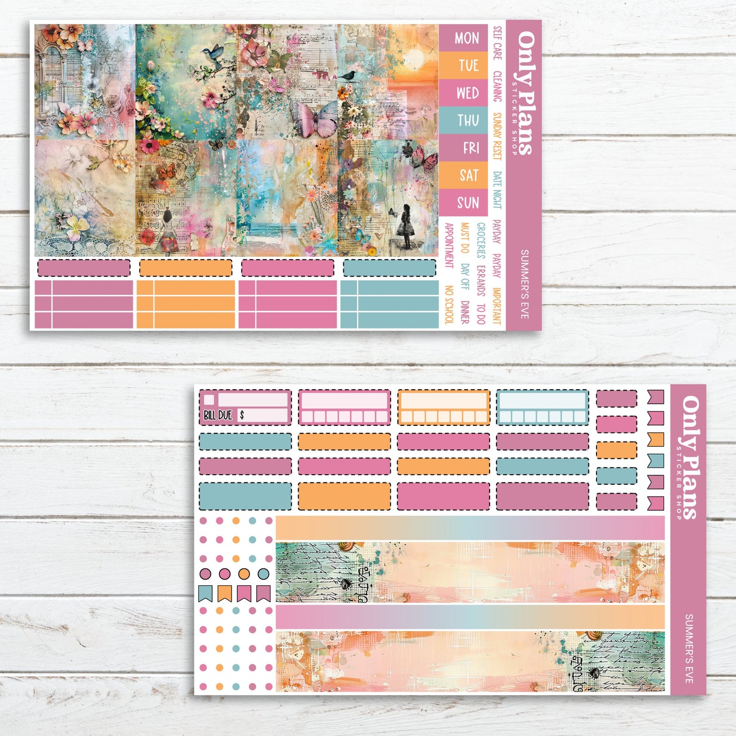 two planner stickers with different designs on them