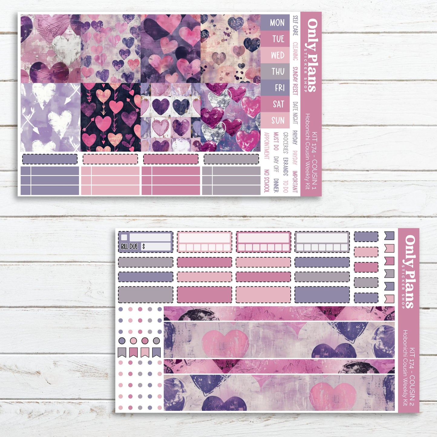a pink and purple planner sticker with hearts