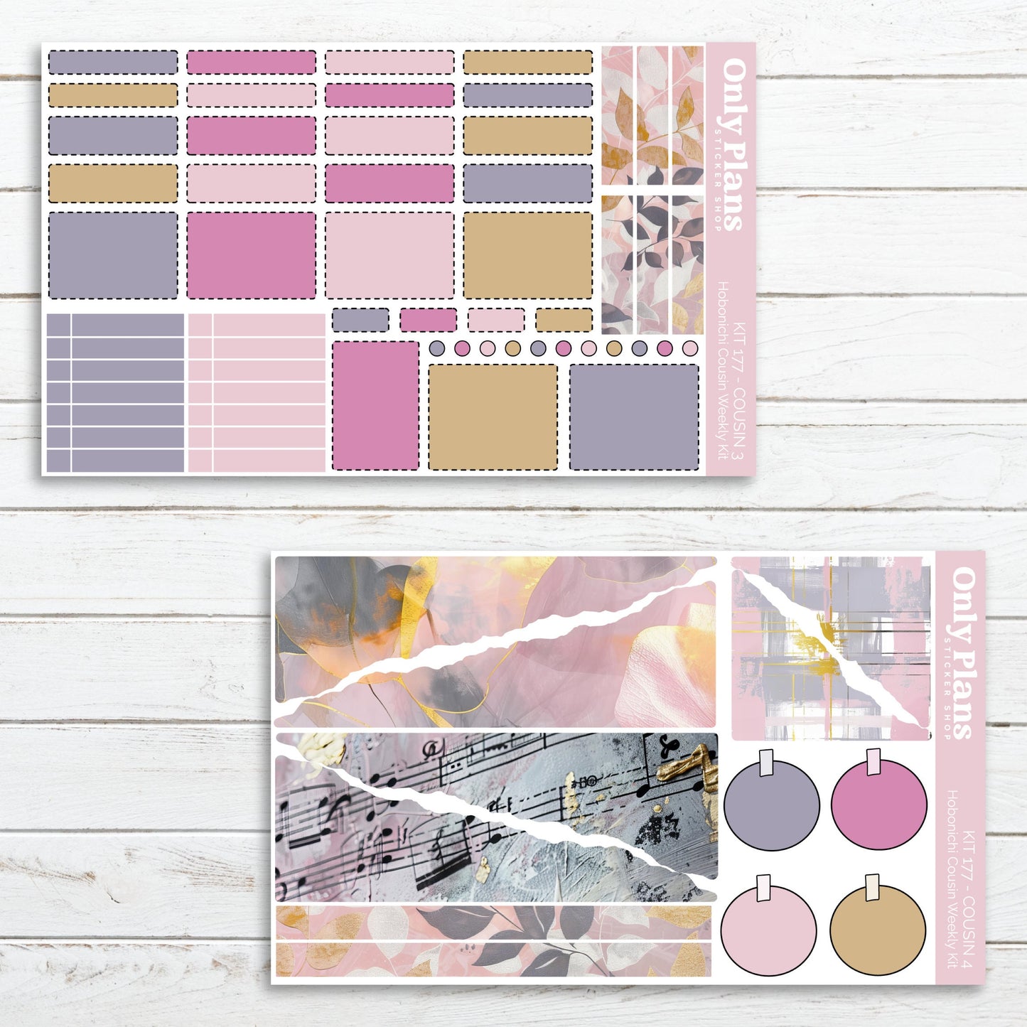 two planner stickers with different designs on them