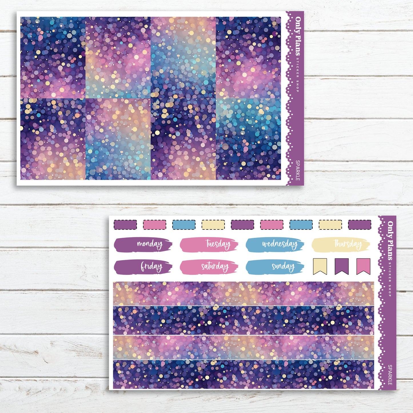 a purple and blue planner sticker with gold glitter