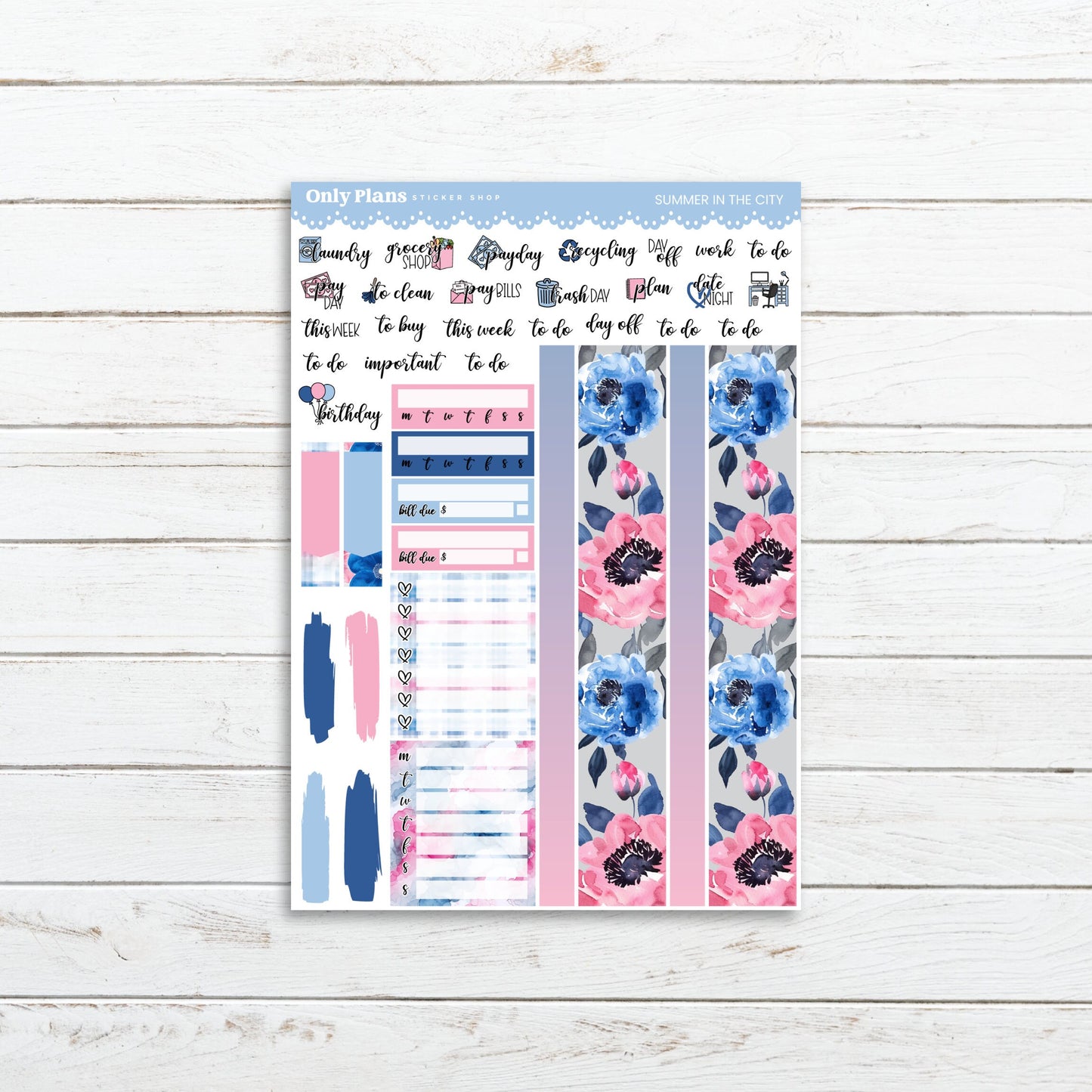a planner sticker with blue and pink flowers
