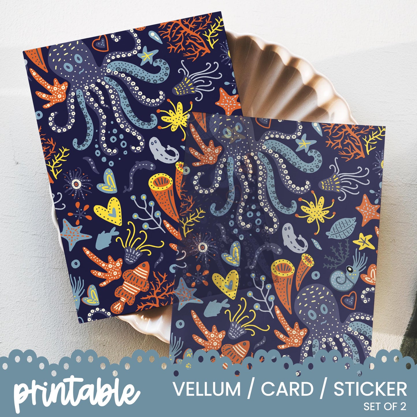 a blue card with an octopus design on it