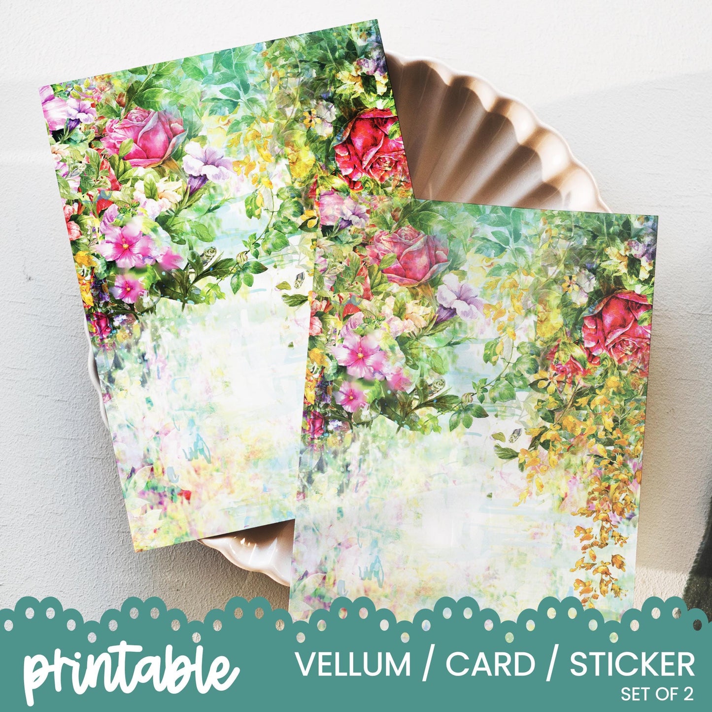 a set of two cards with flowers on them