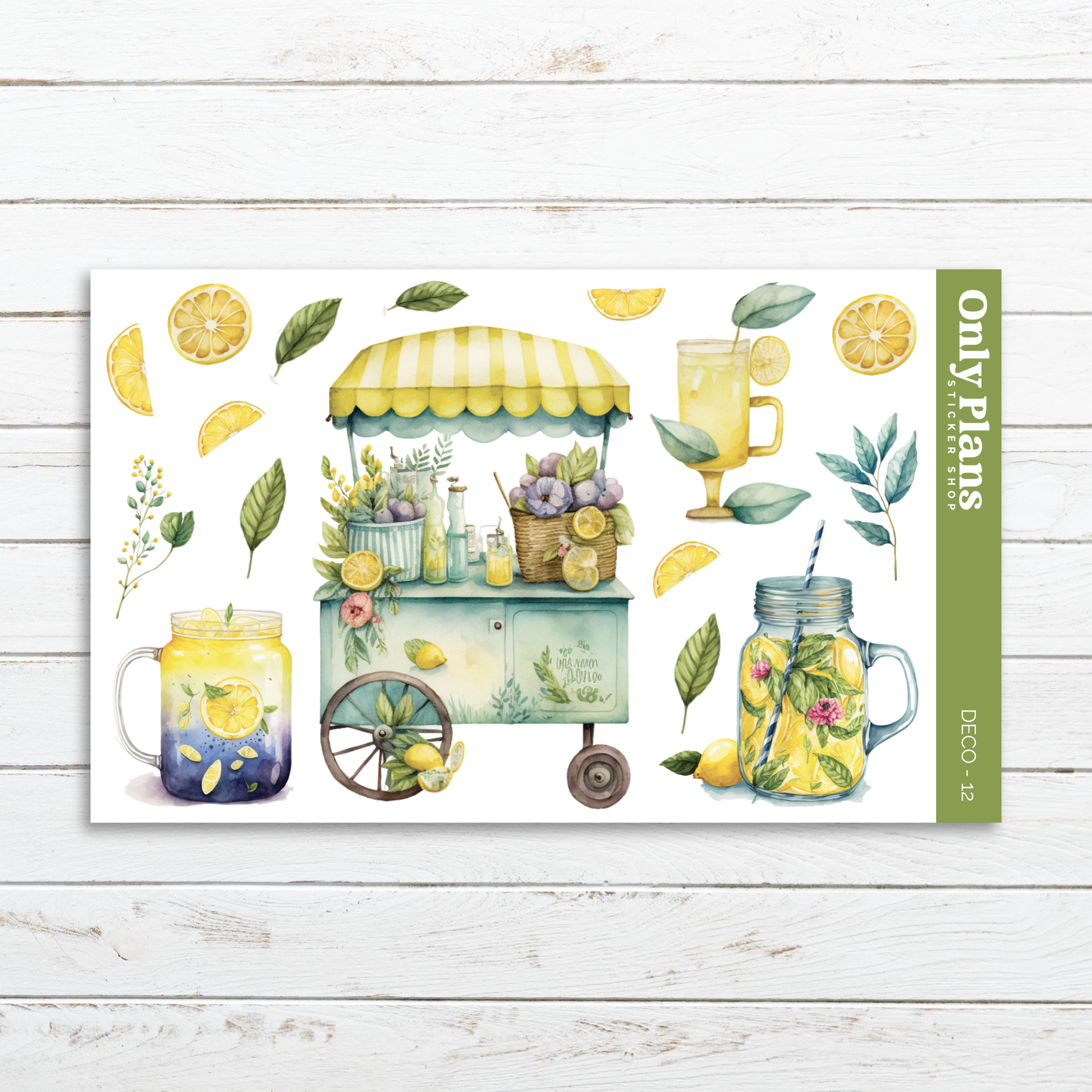 a postcard with lemons, lemonade, and a cart of lemonade