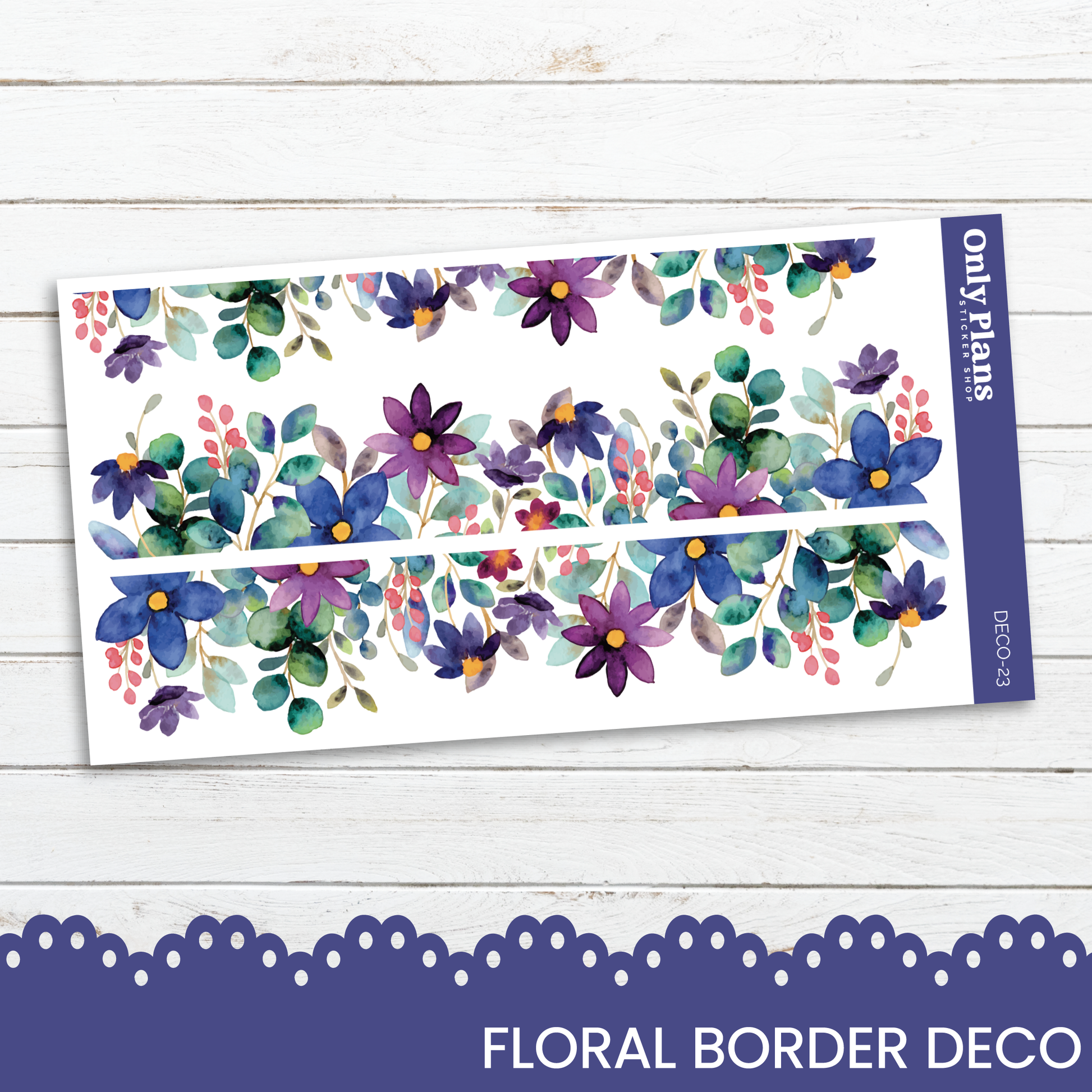 a floral border with blue and purple flowers