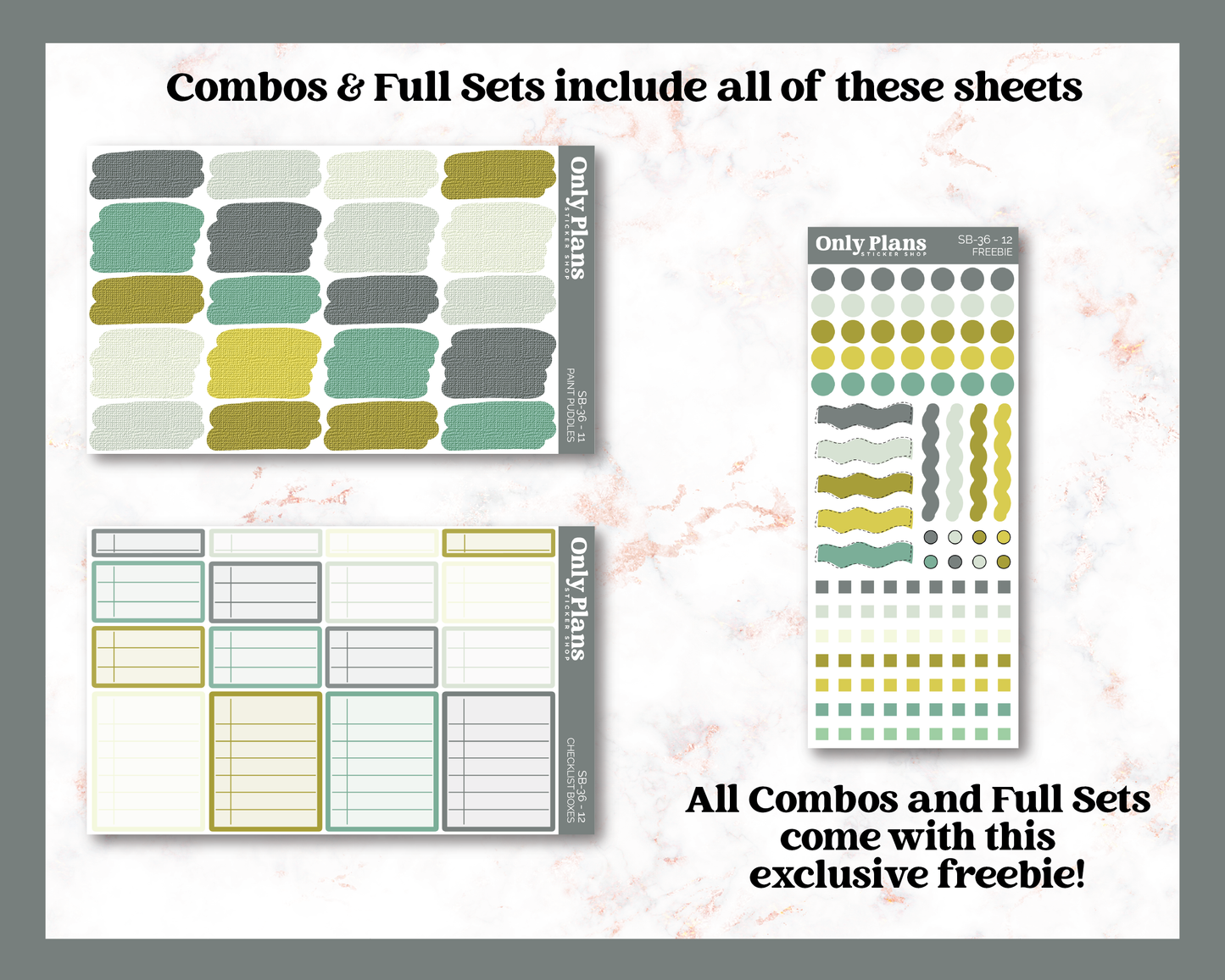 a set of three sheets of stickers with different shapes and sizes