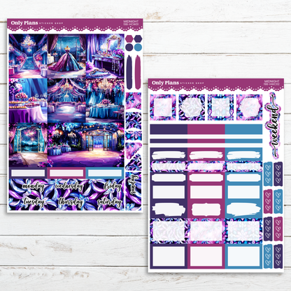 a purple and blue planner sticker with a photo of a carousel