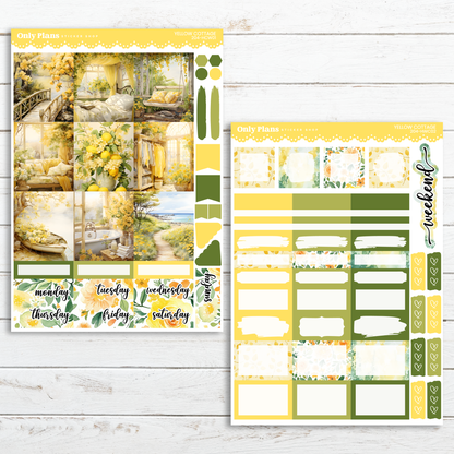 a yellow and green planner sticker with a picture of a garden