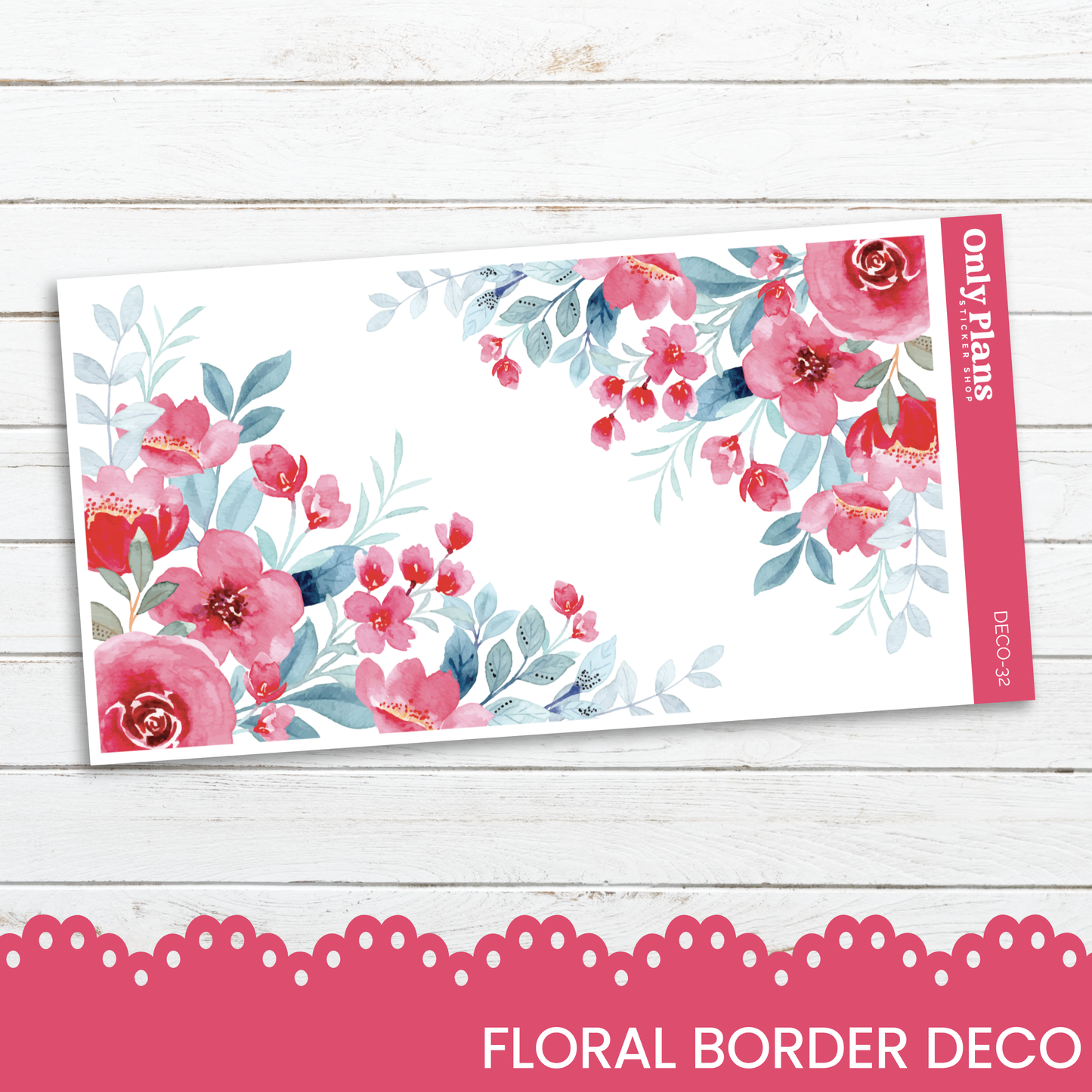 a floral border with pink flowers on a white background