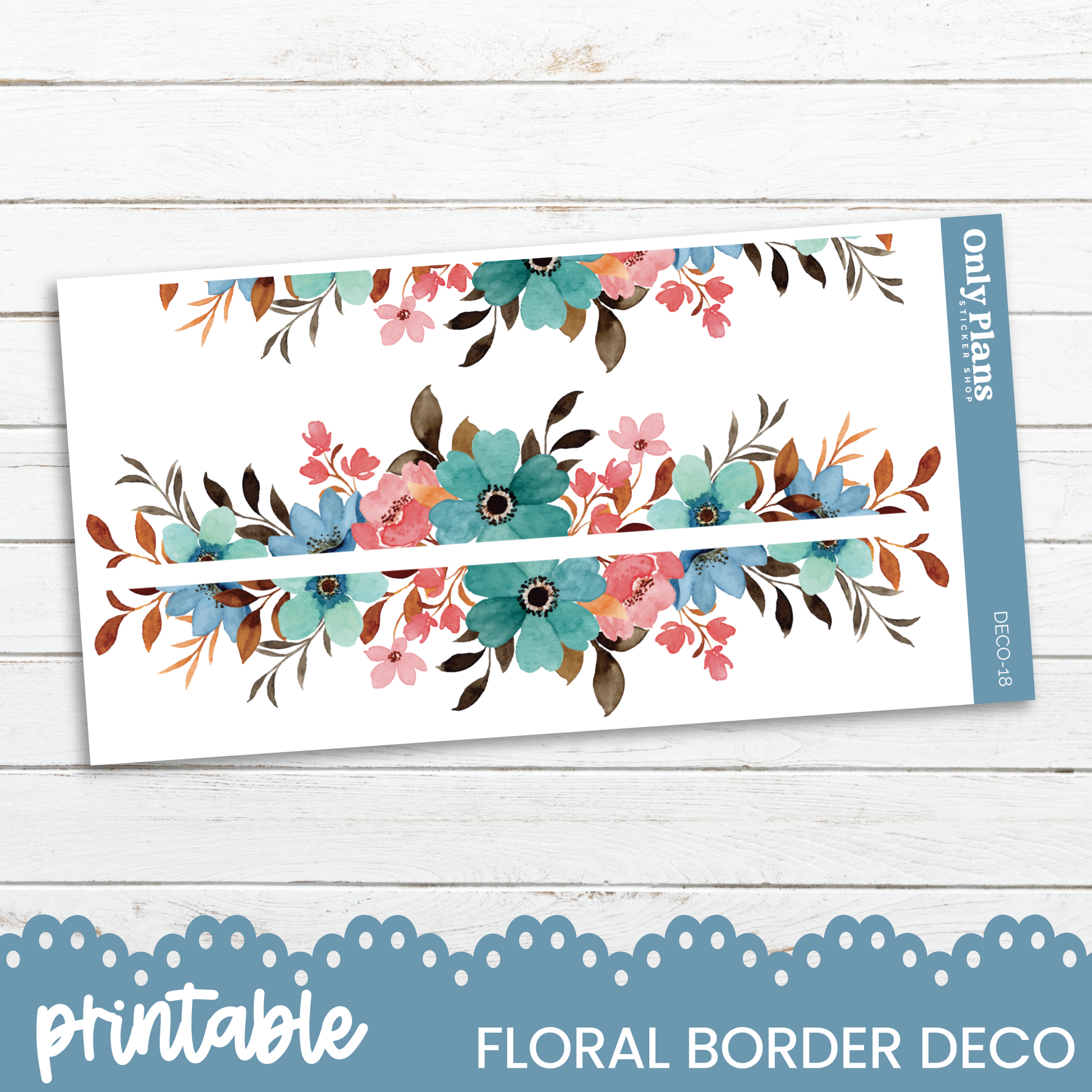 a floral border with blue and pink flowers