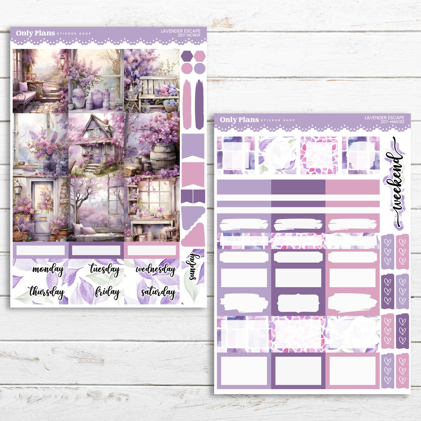 a purple and white planner sticker with a house and trees