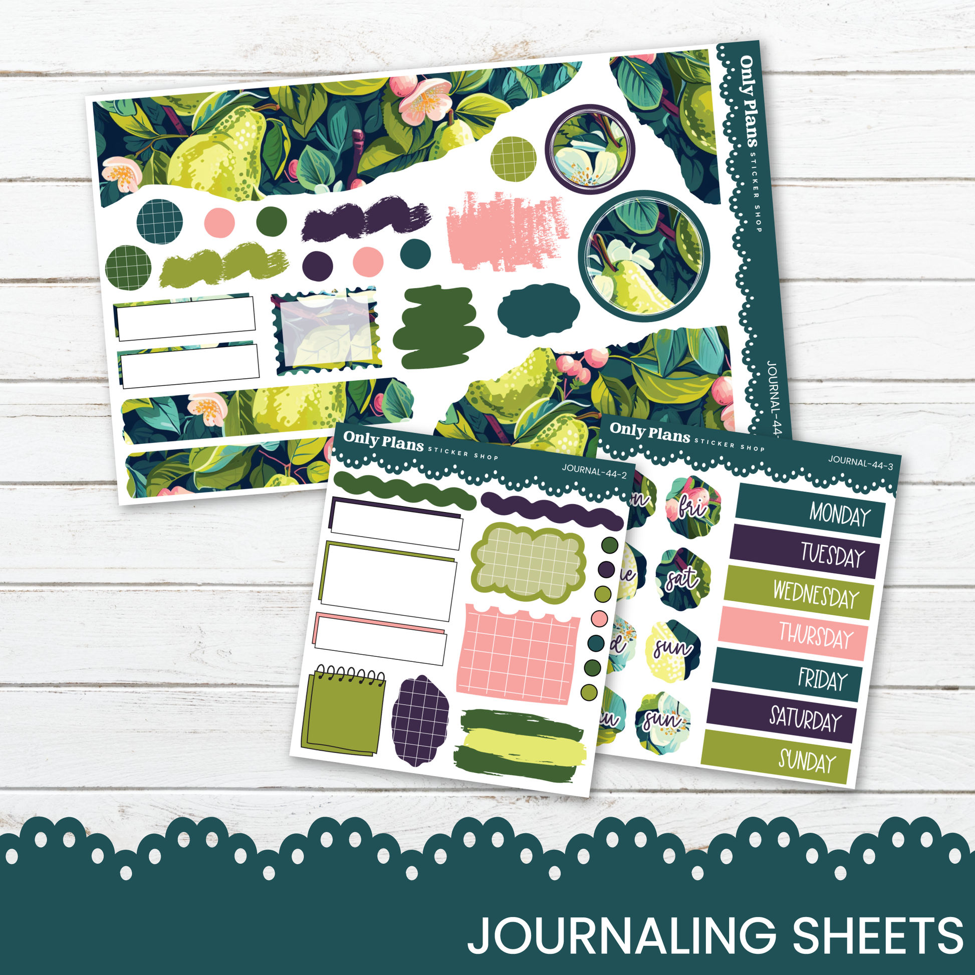 two sets of colorful and patterned journaling sheets, featuring various shapes, designs, and illustrations.