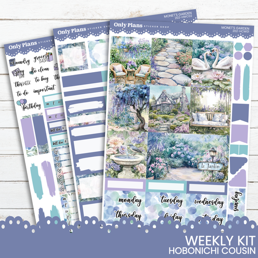 a set of three planner stickers with a garden scene