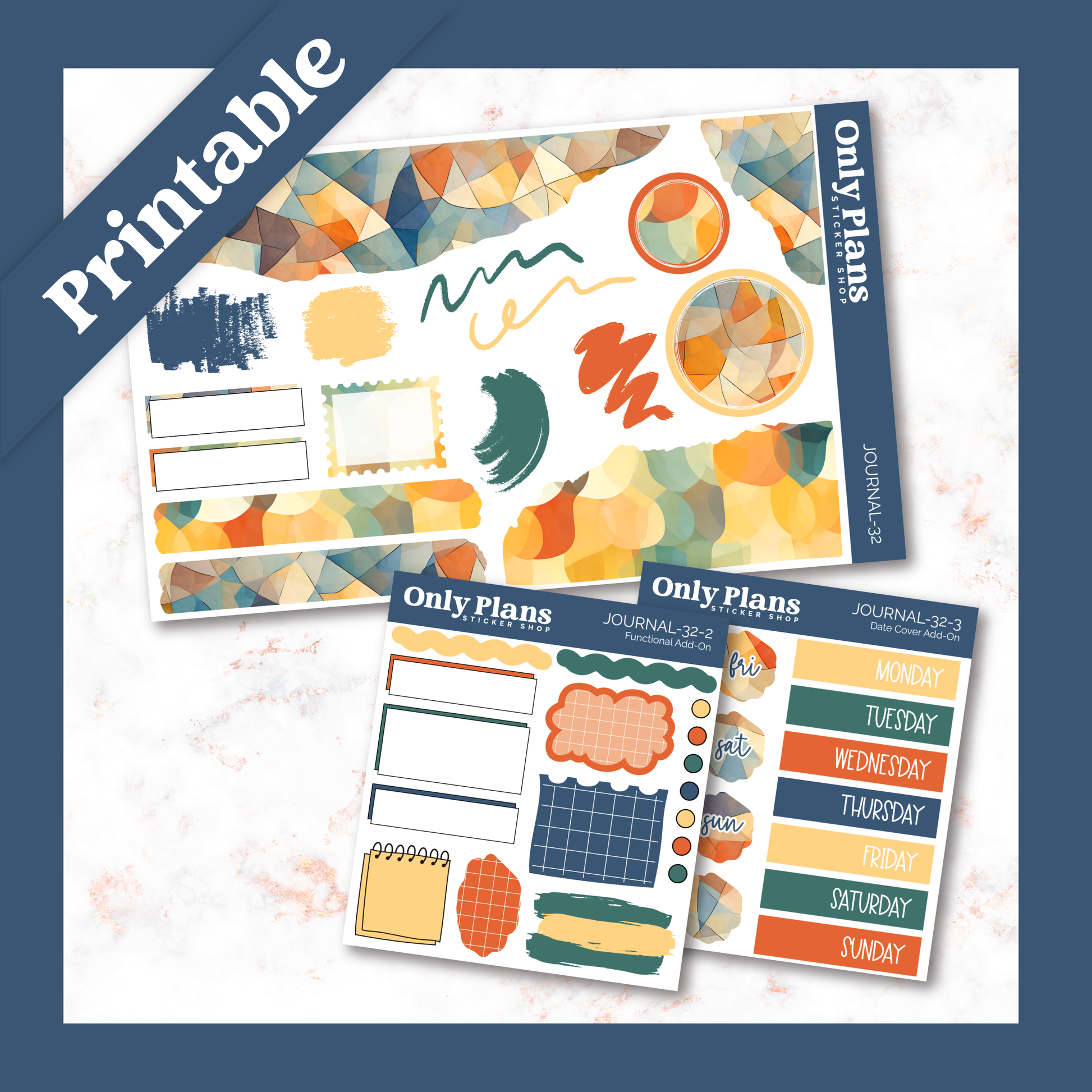 a set of two planner stickers on a marble surface