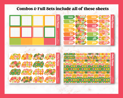 a set of colorful stickers with the text combos and full sets include all