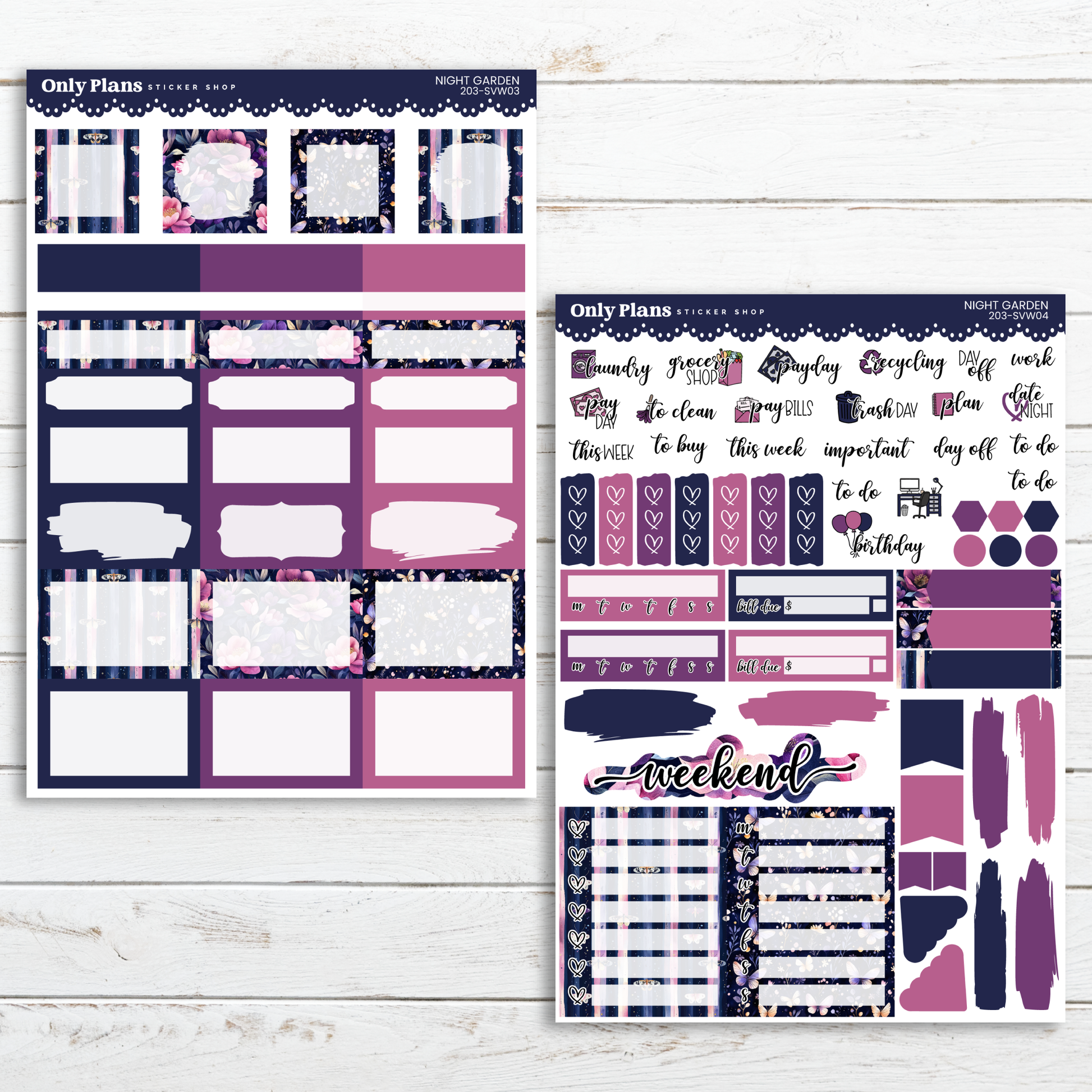 two planner stickers with a pink and purple theme