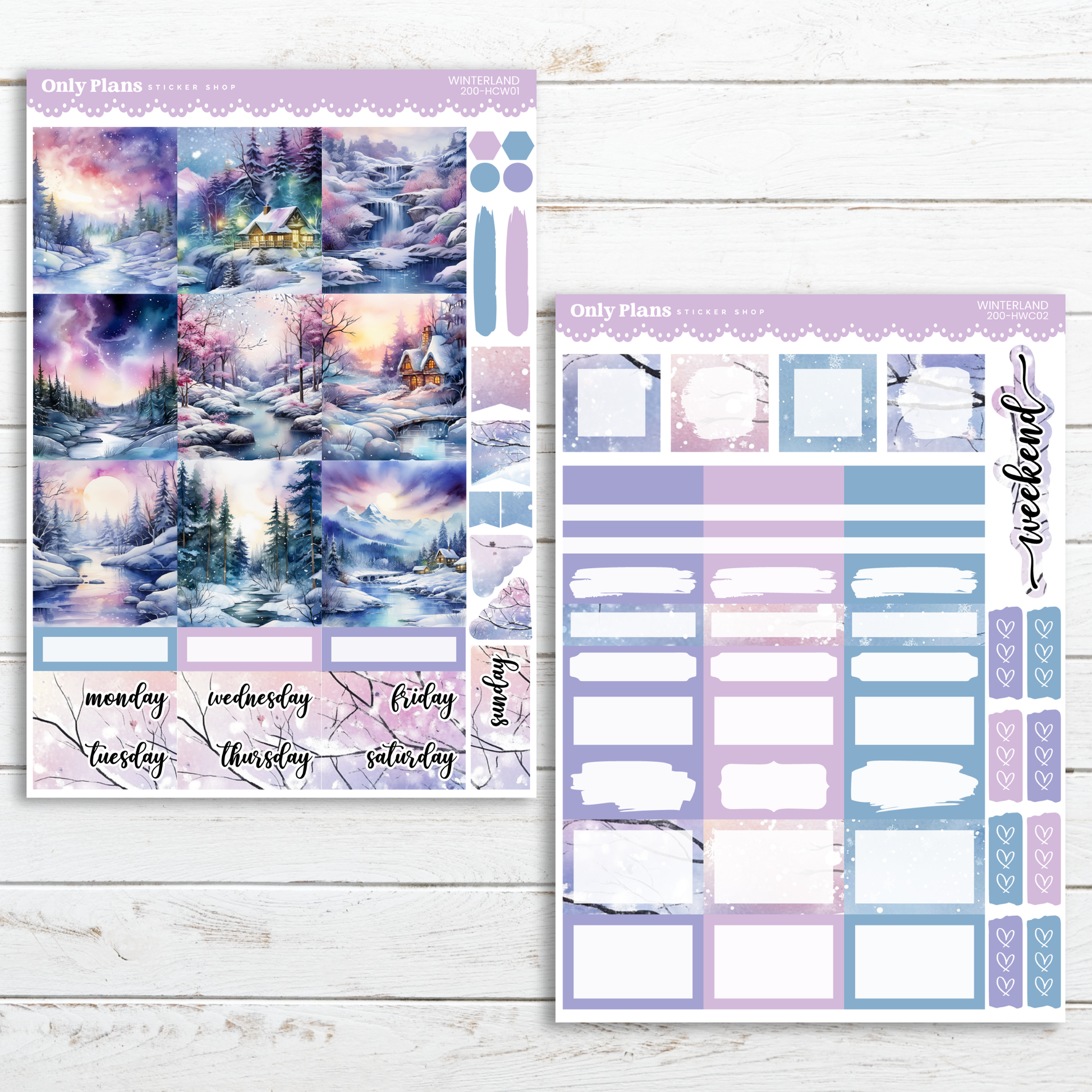 a purple and blue planner sticker with a picture of a winter scene