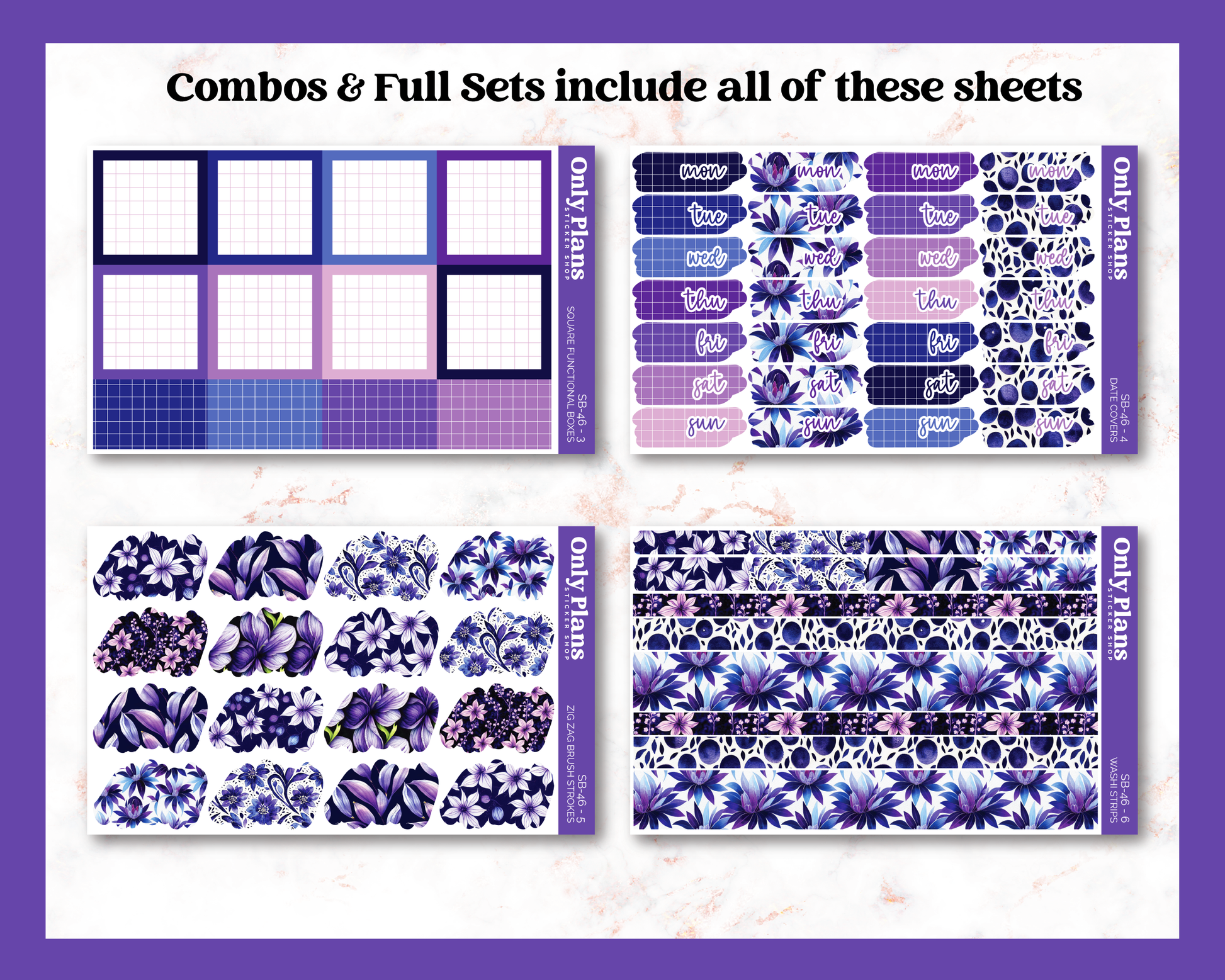 a set of purple and blue floral stickers