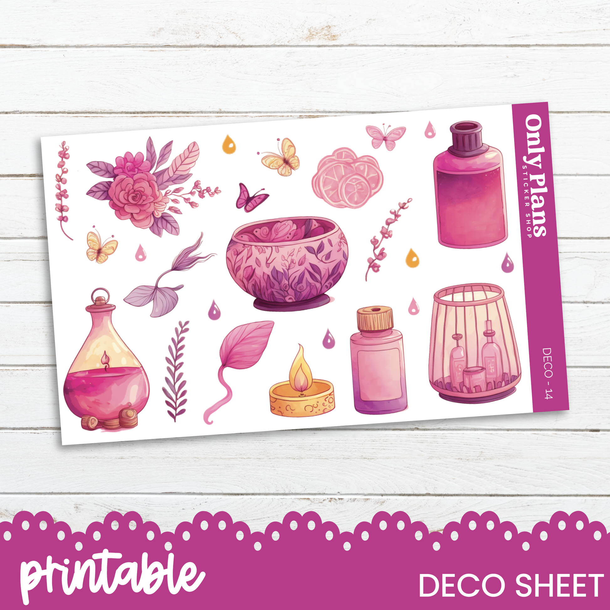 a pink sticker sheet with different items on it